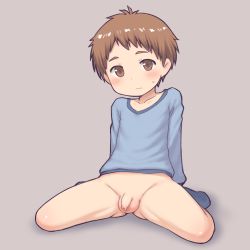  1boy aaaa_(quad-a) blue_legwear blush bottomless brown_eyes brown_hair decensored flaccid foreskin highres male_focus penis short_hair shota solo testicles thighs third-party_edit uncensored  rating:Explicit score:209 user:MomWithBenefits