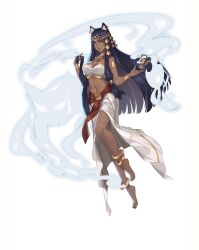 1girl absurdres animal_ear_fluff animal_ears anklet armlet barefoot black_hair blunt_bangs breasts cat_ears circlet cleavage cup dark-skinned_female dark_skin earrings egyptian egyptian_clothes eye_of_horus full_body hair_ornament hands_up hello_kiki highres holding holding_cup holding_own_hair jewelry large_breasts long_hair long_skirt navel original personification skirt smoke solo standing standing_on_one_leg stomach strapless tiptoes tube_top usekh_collar very_long_hair white_background white_skirt white_tube_top wristlet rating:Sensitive score:21 user:danbooru