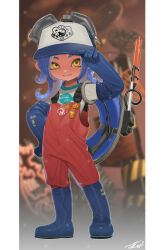 1girl blue_footwear blue_gloves blue_hair boots commission full_body gloves highres jumpsuit lifebuoy nintendo octoling octoling_girl octoling_player_character orange_jumpsuit orange_overalls overalls puchiman rubber_boots rubber_gloves salmon_run_(splatoon) smile solo splatoon_(series) splatoon_2 standing suction_cups swim_ring tentacle_hair yellow_eyes 