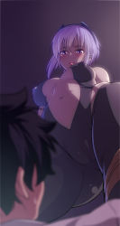 1boy 1girl 846-gou absurdres blurry blush bodysuit breasts breasts_apart cameltoe center_opening cleft_of_venus contrapposto covered_erect_nipples cowboy_shot dark-skinned_female dark_skin depth_of_field fate/grand_order fate_(series) from_below fujimaru_ritsuka_(male) gluteal_fold hairband hassan_of_serenity_(fate) highres medium_breasts navel open_mouth purple_eyes purple_hair short_hair simple_background skin_tight solo_focus standing rating:Questionable score:51 user:danbooru