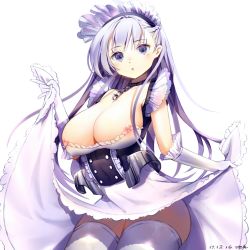  1girl :o azur_lane belfast_(azur_lane) breasts chain chi_guang cleavage clothes_lift collar curvy female_focus gloves hair_ornament large_breasts long_skirt looking_at_viewer maid maid_headdress nipple_slip nipples purple_eyes silver_hair simple_background skirt skirt_lift small_nipples solo standing thighhighs thighs white_background white_gloves white_thighhighs 