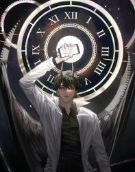  1boy black_shirt clock closed_mouth coat collared_coat collared_shirt demon_horns denxu0 facing_viewer gears highres holding holding_phone horns kim_dokja light_frown long_sleeves male_focus mechanic omniscient_reader&#039;s_viewpoint phone red_horns roman_numeral shirt solo star_(sky) upper_body white_coat 