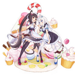  2girls :3 :d absurdres animal_ear_fluff animal_ears animal_print apron back_bow black_skirt black_thighhighs blue_bow blue_eyes blue_footwear blunt_bangs blush bow breasts brown_eyes brown_hair cake cake_slice candy candy_cane carpet cat_ears cat_girl cat_print cat_tail chinese_commentary chocola_(nekopara) cleavage cleavage_cutout clothing_cutout colored_eyelashes commentary_request cream cup cupcake food frilled_apron frilled_skirt frills fruit full_body hair_bow hair_ribbon hand_up heart high_heels highres leaning_forward long_hair looking_at_viewer low_twintails macaron maid maid_headdress medium_breasts multiple_girls nekopara open_mouth paw_pose paw_print pink_bow puffy_short_sleeves puffy_sleeves red_footwear ribbon seraizzy shirt short_sleeves siblings simple_background sisters skirt skirt_tug sleeve_bow slit_pupils small_breasts smile standing strawberry sweets tail tea teacup thighhighs tsurime twintails vanilla_(nekopara) very_long_hair waist_apron waitress white_apron white_background white_bow white_hair white_ribbon white_shirt white_thighhighs white_wrist_cuffs wrist_cuffs 