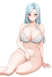 1girl absurdres blue_hair blush bottomless bra breasts cleavage covering_privates covering_crotch curvy grey_eyes highres large_breasts lillly long_hair looking_at_viewer navel nervous original seiza simple_background sitting solo thighs underwear white_background wide_hips rating:Questionable score:84 user:danbooru