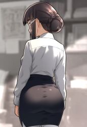  1girl alternate_costume arms_at_sides ass blunt_bangs blurry blurry_background braid braided_bun brown_eyes brown_hair cowboy_shot from_behind furaggu_(frag_0416) good_ass_day hair_bun highres kantai_collection long_sleeves myoukou_(kancolle) office_lady pencil_skirt shirt shirt_tucked_in sidelocks skirt solo taut_clothes taut_skirt white_shirt  rating:Sensitive score:40 user:danbooru