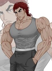  1boy abs absurdres grappler_baki hands_in_pockets hanma_yujiro highres looking_at_viewer male_focus mature_male muscular muscular_arms muscular_male pants pectorals red_eyes red_hair shirt short_hair smile veins  rating:Questionable score:0 user:Keplergym2