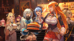 6+girls ^_^ absurdres ahoge amane_kanata angel angel_wings animal_ears asymmetrical_hair bar_(place) bare_shoulders baseball_cap belt_pouch beret bibi_(tokoyami_towa) birthday_cake birthday_party black_choker black_headwear black_jacket blonde_hair blue_bow blue_bowtie blue_eyes blue_hair blunt_bangs bottle bow bowtie braid breasts brooch cake candle candy_hair_ornament cape chain chain_necklace champagne_flute choker cleavage cleavage_cutout closed_eyes closed_mouth clothing_cutout coco_kaine collared_shirt colored_inner_hair commentary_request confetti counter crown cup curled_horns demon_girl demon_horns detached_sleeves dragon_girl dragon_horns dragon_tail dress drinking_glass emblem eyes_visible_through_hair fake_horns fang feathered_wings food food-themed_hair_ornament fur-trimmed_dress fur-trimmed_sleeves fur_trim green_eyes hair_between_eyes hair_intakes hair_ornament hair_ribbon hairclip halo hat highres himemori_luna himemori_luna_(1st_costume) holding holding_cake holding_food holoforce hololive horns hoshimachi_suisei hoshimachi_suisei_(1st_costume) instrument jacket jewelry kiryu-chan_(kiryu_coco) kiryu_coco kiryu_coco_(1st_costume) kiryu_coco_(dragon) large_breasts long_hair looking_at_another mini_crown miniskirt miteiru_(shirakami_fubuki) multicolored_eyes multicolored_hair multiple_girls nalai necklace o-ring o-ring_choker off_shoulder open_mouth orange_hair piano pink_hair plaid plaid_headwear plaid_jacket pleated_skirt pointy_ears pouch purple_eyes purple_hair red_eyes red_skirt ribbon ryoushi_chicken_soup_grass_big_chungus sheep_ears sheep_girl sheep_horns shirt short_hair side-tie_skirt side_braid sidelocks single_braid single_hair_intake single_thighhigh sitting skin_fang skirt sleeveless sleeveless_dress star_halo streaked_hair tail tank_top thighhighs tokoyami_towa tokoyami_towa_(1st_costume) tsunomaki_watame tsunomaki_watame_(1st_costume) turtleneck twintails virtual_youtuber wavy_hair white_dress white_hair white_shirt white_sleeves white_tank_top wide_sleeves wings