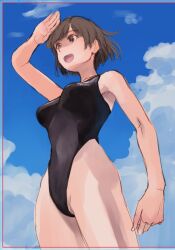  1girl black_one-piece_swimsuit breasts brown_eyes brown_hair competition_swimsuit covered_navel highleg highleg_swimsuit hiryuu_(kancolle) kantai_collection large_breasts one-piece_swimsuit shading_eyes short_hair solo swimsuit wa_(genryusui) 
