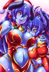  2girls adapted_costume asmodeus_(shinrabanshou) astaroth_(shinrabanshou) bare_shoulders bell black_sclera blue_hair blue_skin blush breasts christmas cleavage colored_sclera colored_skin demon_girl detached_sleeves earrings full-face_blush hat heart heart_earrings holly horns hug jewelry jingle_bell kittan_(cve27426) large_breasts long_hair looking_at_viewer midriff mature_female mother_and_daughter multiple_girls nail_polish navel one_eye_closed open_mouth pointy_ears ponytail santa_hat shinrabanshou short_shorts shorts slit_pupils snowing tail thighhighs wavy_mouth wink yellow_eyes  rating:Sensitive score:60 user:danbooru