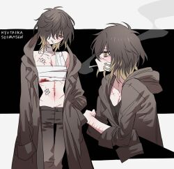  1girl bad_id bad_pixiv_id bandaged_chest black_coat black_pants black_shirt brown_hair cigarette closed_mouth coat gauze genderswap genderswap_(mtf) hair_over_one_eye hand_in_pocket highres hood hood_up long_sleeves looking_at_viewer meremero multicolored_hair multiple_views navel no_shirt open_clothes open_coat pants profile romaji_text scar scar_on_chest scar_on_face self-harm_scar shirt short_hair skinny slow_damage smoking standing towa_(slow_damage) 