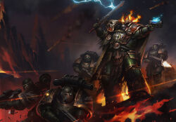  5boys adeptus_astartes armor armored_boots bald bolter boots breastplate buckle colored_sclera commentary couter cover cover_page crotch_plate cuirass damaged dark-skinned_male dark_skin dragon_skull dual_wielding english_commentary fire firing full_body gauntlets glowing glowing_eyes greaves green_armor gun highres holding holding_bolter holding_gun holding_sword holding_weapon lava leg_armor male_focus meteor misha_savier mountain multiple_boys official_art open_mouth outdoors pauldrons pelvic_curtain poleyn power_armor primarch red_eyes rerebrace salamanders_(warhammer) shoulder_armor skull_ornament standing sword the_draken_scale vulkan warhammer_40k weapon 