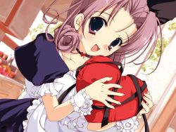  00s 1girl :d apple apron blue_dress blush choker close-up dress food frills fruit heart heart-shaped_pillow holding indoors kitchen looking_at_viewer open_mouth parted_bangs pillow plant purple_eyes purple_hair shirayuki_(sister_princess) short_hair short_sleeves sister_princess smile solo sunlight tree upper_body  rating:Questionable score:2 user:danbooru