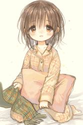  1girl age_difference blush brown_eyes brown_hair highres implied_yuri itou_hachi kinjo_no_yasashii_onee-san onee-loli out_of_frame pajamas pillow pulling_at_clothes scarf short_hair simple_background sitting smile solo  rating:Sensitive score:23 user:yutario