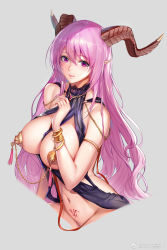 1girl absurdres armlet babydoll bare_shoulders blush bottomless breastless_clothes breasts closed_mouth copyright_request demon_girl demon_horns groin highres horns large_breasts linked_pasties lips mole mole_under_eye navel pasties pink_eyes pink_hair pubic_tattoo purple_eyes sitting smile solo stomach tattoo tsuki_no_i-min underwear underwear_only upper_body rating:Questionable score:64 user:danbooru