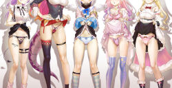  5girls absurdres amane_kanata asymmetrical_legwear bare_shoulders black_bow black_panties black_skirt black_thighhighs blonde_hair blue_panties blush boots bow bow_panties breasts cameltoe cleft_of_venus clothes_lift demon_girl demon_tail dress dress_lift feet_out_of_frame frilled_dress frilled_panties frills highres himemori_luna hololive kiryu_coco kuroi_suna large_breasts layered_dress leg_tattoo lifted_by_self lizard_tail long_hair medium_breasts medium_hair mismatched_legwear multiple_girls navel no_sleeves open_mouth panties pink_hair pink_panties purple_hair purple_thighhighs red_bow red_panties red_skirt short_hair short_sleeves side-tie_panties simple_background single_thighhigh size_difference skindentation skirt skirt_lift small_breasts smile socks standing striped_clothes striped_socks tail tattoo thigh_strap thighhighs thighlet tokoyami_towa tsunomaki_watame underwear virtual_youtuber white_background white_hair wide_sleeves  rating:Questionable score:140 user:Symbass