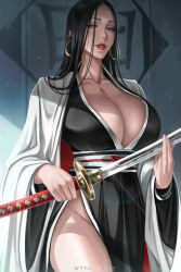  1girl absurdres artist_name black_hair black_kimono bleach breasts cleavage collarbone earrings highres holding holding_sword holding_weapon hoop_earrings huge_breasts japanese_clothes jewelry katana kimono long_hair looking_at_viewer narrowed_eyes purple_eyes red_lips side_slit solo sword unohana_retsu weapon white_kimono wtparadise 