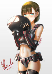  10s 1girl 2016 aqua_eyes arm_ribbon armor black_footwear black_gloves black_thighhighs blunt_bangs blush boots breasts brown_hair bulge covered_mouth cowboy_shot crop_top dated elbow_gloves eyebrows fingerless_gloves frills girls&#039;_frontline gloves gradient_background grey_background hair_ornament hairclip unworn_headwear helmet unworn_helmet looking_at_viewer maisaki medium_breasts midriff navel original ribbon sangvis_ferri shade short_hair signature sleeveless solo stomach string thigh_boots thighhighs vambraces vespid_(girls&#039;_frontline) white_background 
