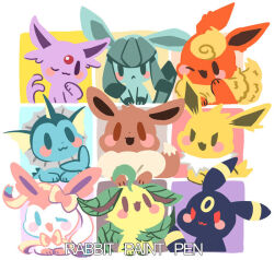 blonde_hair blue_hair blush blush_stickers bow closed_mouth creatures_(company) eevee espeon evolutionary_line fins flareon forehead_jewel game_freak gen_1_pokemon gen_2_pokemon gen_4_pokemon gen_6_pokemon glaceon jolteon leafeon nintendo no_humans one_eye_closed open_mouth pokemon pokemon_(creature) purple_hair rabbitpaintpen ribbon sidelocks smile sylveon umbreon vaporeon wink