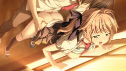  against_glass ass_grab bent_over blonde_hair blush bra bra_lift bra_pull breasts classroom clothed_sex clothes clothes_lift clothes_pull cum cum_on_hair exhibitionism facial from_behind game_cg green_eyes hair_ornament hatsukoi_sacrament indoors medium_breasts nagumo_misaki nipples open_clothes open_mouth open_shirt ponytail public_indecency purple_software school school_uniform sex tagme twintails underwear window 