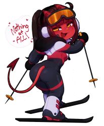  1girl :3 ass colored_skin demon_girl demon_horns demon_tail earmuffs english_text female_focus freckles full_body goggles heart highres holding_ski_pole horns long_hair long_sleeves looking_at_viewer meruccubus_(merunyaa) merunyaa mole mole_under_eye oni open_mouth original pointy_ears red_oni red_skin scene_reference ski_boots ski_gear ski_goggles ski_pole skiing skin-covered_horns skis smile snow solo speech_bubble spoken_heart standing tail the_simpsons  rating:Sensitive score:33 user:danbooru