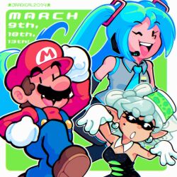 1boy 2girls blue_eyes blue_hair breasts cleavage elf gloves grin hat hatsune_miku highres inkling_girl inkling_player_character long_hair looking_at_viewer mario mario_(series) multiple_girls nintendo one_eye_closed open_mouth overalls pointy_ears skirt smile splatoon_(series) super_mario_bros twintails vocaloid white_hair wink