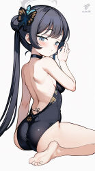  1girl ass bare_back bare_legs barefoot black_hair bladetea blue_archive breasts butterfly_hair_ornament china_dress chinese_clothes closed_mouth commentary_request dress grey_eyes hair_ornament highres kisaki_(blue_archive) long_hair looking_at_viewer looking_back sitting small_breasts soles solo thighs toes twintails wariza 