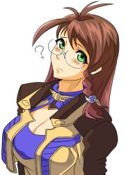  1girl ? blush braid breasts brown_hair cleavage closed_mouth commentary_request glasses green_eyes highres large_breasts long_hair long_sleeves looking_at_viewer multiple_girls round_eyewear shion_uzuki simple_background solo to_(tototo_tk) white_background xenosaga xenosaga_episode_i 