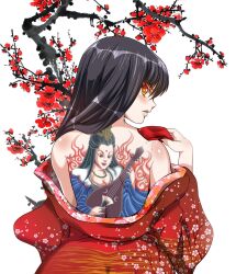  1girl back bad_id bad_pixiv_id black_hair highres irezumi japanese_clothes kimono looking_at_viewer red_eyes tattoo  rating:General score:1 user:didiugb