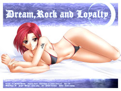  bed bikini breasts cameltoe earrings hiviki_n&#039;alchemy jewelry large_breasts lying navel red_eyes red_hair smile swimsuit tattoo  rating:Questionable score:15 user:punchme