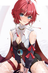  1girl absurdres ahoge bare_legs bare_shoulders barefoot between_legs black_shorts black_sleeves blue_eyes breasts cleavage collar commentary_request danjin_(wuthering_waves) detached_sleeves dress earrings hand_between_legs highres hoop_earrings jewelry large_breasts light_blush looking_at_viewer medium_hair necklace partially_submerged red_dress red_hair shorts sitting smile solo thigh_strap twitter_username uriuritei wariza wet white_collar wuthering_waves 