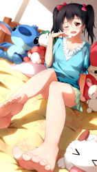 10s 1girl bare_legs barefoot black_hair bow cameo character_doll feet foot_focus foreshortening hair_bow highres lilo_&amp;_stitch looking_at_viewer love_live! love_live!_school_idol_project red_eyes soles solo stitch_(lilo_&amp;_stitch) toenails toes twintails xiao_ren yawning yazawa_nico rating:Sensitive score:153 user:danbooru
