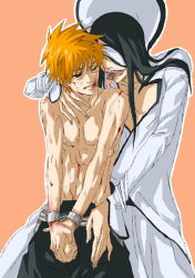  2boys arrancar black_hair bleach hakama hakama_skirt hollow_(bleach) japanese_clothes kurosaki_ichigo male_focus multiple_boys nnoitra_gilga number_tattoo orange_hair skirt tattoo topless_male yaoi  rating:Questionable score:17 user:SweetyLemon