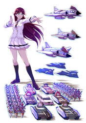 1girl aircraft airplane fighter_jet group_name highres jet jojo_no_kimyou_na_bouken jojo_pose love_live! love_live!_school_idol_project military military_vehicle motor_vehicle pointing private_wars school_uniform shamakho simple_background soldier stand_(jojo) tank todo_erena utx_school_uniform white_background