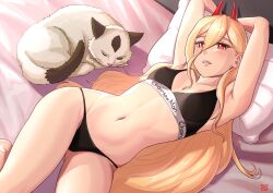  1girl armpits arms_behind_head arms_up artist_logo black_bra black_panties blonde_hair bra breasts cat chainsaw_man commentary english_commentary eyes_visible_through_hair finalcake gluteal_fold hair_between_eyes head_on_pillow highres horns long_hair looking_at_viewer lying meowy_(chainsaw_man) navel on_back on_bed orange_eyes panties parted_lips power_(chainsaw_man) red_horns sharp_teeth small_breasts teeth underwear underwear_only 
