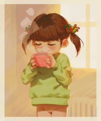  1girl alkemanubis blush bottomless brown_hair christmas_present cleft_of_venus cowboy_shot cup gift green_sweater highres holding holding_cup hot_drink indoors loli mug original panties pussy radiator short_hair short_twintails smile solo steaming_food sweater twintails underwear 
