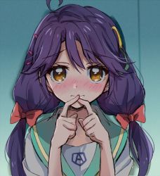  1girl a against_wall ahoge aozora_middle_school_uniform aqua_sailor_collar blouse blush bow brown_eyes close-up embarrassed eru eyebrows_visible_through_hair face fingers_together hair_bow hair_ornament hairclip half-closed_eyes hands_up heart heart_in_eye long_hair looking_at_viewer low-tied_long_hair low_twintails multiple_hair_bows nose_blush precure purple_hair raised_eyebrows red_bow school_uniform shadow sketch solo suzumura_sango symbol_in_eye triangle_hair_ornament tropical-rouge!_precure twintails upper_body white_blouse 