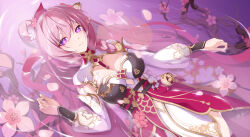  1girl absurdres branch breasts bright_pupils cherry_blossoms cleavage commentary_request diamond-shaped_pupils diamond_(shape) dress elysia_(herrscher_of_human:ego)_(honkai_impact) elysia_(honkai_impact) elysia_(peachy_spring)_(honkai_impact) flower hair_between_eyes hair_flower hair_ornament hand_up highres honkai_(series) honkai_impact_3rd large_breasts layered_dress looking_at_viewer lying on_back ooo_wange partially_submerged pink_dress pink_flower pink_hair pointy_ears purple_eyes ripples signature smile solo symbol-shaped_pupils water white_dress white_flower white_pupils 