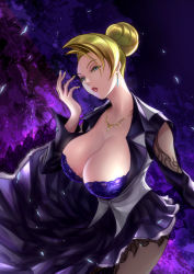  1girl black_dress blonde_hair bra brassiere breasts cleavage dress earrings ema_(emaura) green_eyes hair_bun huge_breasts jewelry lace lace-trimmed_bra lace_trim lipstick makeup mature_(kof) nail_polish necklace pantyhose purple_bra single_hair_bun solo the_king_of_fighters underwear vest white_vest yellow_nails  rating:Questionable score:19 user:blazing_dynamo