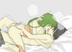  1boy 1girl affectionate ass bad_id bad_pixiv_id bed_sheet black_hair blush bottomless breasts c.c. closed_eyes code_geass french_kiss girl_on_top green_hair hand_on_another&#039;s_head hetero kiss lelouch_vi_britannia long_hair milk3go on_bed open_mouth orgasm panties panties_around_leg sex sheet_grab short_hair sweat tongue topless underwear vaginal 