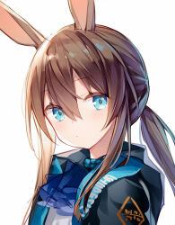  1girl amiya_(arknights) animal_ears arknights black_jacket blue_eyes blue_neckwear blush brown_hair closed_mouth commentary hair_between_eyes hood hood_down hooded_jacket jacket long_hair looking_at_viewer low_ponytail open_clothes open_jacket photoshop_(medium) ponytail quan_(kurisu_tina) rabbit_ears simple_background solo upper_body white_background 