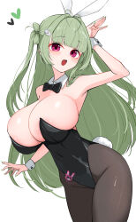  1girl :o animal_ears antenna_hair areola_slip black_bow black_bowtie black_leotard bowtie breasts brown_pantyhose covered_navel detached_collar fake_animal_ears fake_tail goddess_of_victory:_nikke green_hair green_nails heart heart_antenna_hair highleg highleg_leotard huge_breasts leaning_forward leotard long_hair nail_polish oha_(oha_h22) open_mouth pantyhose pink_eyes playboy_bunny rabbit_ears rabbit_pose rabbit_tail soda_(nikke) soda_(twinkling_bunny)_(nikke) solo strapless strapless_leotard tail twintails wrist_cuffs 