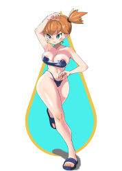  1girl abs absurdres areola_slip armpits asymmetrical_hair bare_shoulders bike_shorts bikini blush bra breasts cameltoe cleavage cowboy_shot creatures_(company) curvy eyebrows frown full_body game_freak green_eyes highres large_breasts legs looking_at_viewer midriff misty_(pokemon) navel nintendo nipples open_mouth orange_hair pokemon pokemon_rgby ponytail raida_(fmuc5473) sandals shiny_skin shirt shoes short_hair short_shorts shorts side_ponytail simple_background smile sneakers solo standing swimsuit tank_top thick_thighs thighs thong thong_bikini underboob underwear white_background 