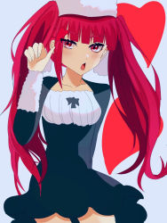  1girl artist_request bleach boots breasts dokugamine_riruka dress female_focus fingernails hat heart long_hair long_twintails looking_at_viewer medium_breasts nail_polish open_mouth red_eyes red_hair shiny_skin simple_background skirt solo standing twintails very_long_hair  rating:Sensitive score:10 user:fakyuh