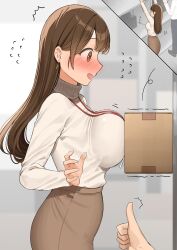  1girl blush box breast_press breasts brown_eyes brown_hair cowboy_shot earrings flying_sweatdrops from_side hair_behind_ear highres jewelry lanyard large_breasts long_hair long_sleeves looking_at_object office_lady ol-chan_(ol_mahonanoka) ol_mahonanoka open_mouth original pencil_skirt people pov pov_hands skirt sweater sweater_partially_tucked_in tareme thumbs_up turtleneck turtleneck_sweater white_sweater 