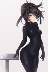  10s 1girl bad_id bad_pixiv_id black_hair bodysuit breasts brown_eyes cameltoe collarbone covered_navel groin hatsuzuki_(kancolle) highres kantai_collection latex latex_suit looking_at_viewer serious short_hair skindentation small_breasts solo totoya totoya_(paxa_600) 