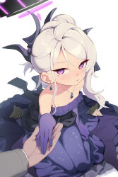  1girl asymmetrical_hair bare_shoulders black_halo black_horns blue_archive blush commentary demon_girl demon_horns dress earrings halo highres hina_(blue_archive) hina_(dress)_(blue_archive) holding_hands horns jewelry looking_at_viewer multicolored_halo official_alternate_costume paid_reward_available parted_lips pendant purple_dress purple_eyes purple_halo sgt-jz solo_focus strapless strapless_dress two-tone_halo white_hair 