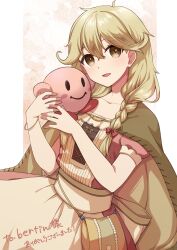  1girl absurdres anti-kirby blonde_hair blush braid brown_eyes brown_hair cameo cape chihiro_(chihiro3399) commission dress faye_(fire_emblem) fire_emblem fire_emblem_echoes:_shadows_of_valentia highres holding jewelry kirby_(series) long_hair looking_at_viewer low-braided_long_hair low-tied_long_hair nintendo open_mouth signature simple_background smile solid_oval_eyes the_legend_of_zelda the_legend_of_zelda:_link&#039;s_awakening twin_braids 