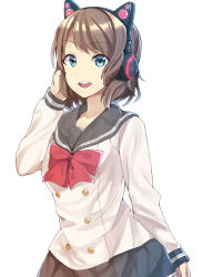 1girl :d animal_ear_headphones animal_ears black_hairband black_skirt blue_eyes bow bowtie brown_hair cat_ear_headphones cat_ears fake_animal_ears grey_sailor_collar hairband hand_in_own_hair headphones highres jacket long_sleeves looking_at_viewer love_live! love_live!_sunshine!! miniskirt nyan721 open_mouth pleated_skirt red_bow red_bowtie sailor_collar school_uniform short_hair simple_background skirt smile solo standing swept_bangs watanabe_you white_background white_jacket rating:Sensitive score:2 user:danbooru