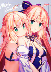  2girls absurdres aro_1801 artoria_caster_(fate) artoria_caster_(swimsuit)_(fate) artoria_caster_(swimsuit)_(first_ascension)_(fate) artoria_caster_(swimsuit)_(third_ascension)_(fate) artoria_pendragon_(fate) blue_one-piece_swimsuit blue_ribbon blush breasts character_name cleavage closed_mouth commentary_request detached_sleeves dual_persona facial_mark fate/grand_order fate_(series) forehead_mark green_eyes grey_background hair_ribbon highres hug hug_from_behind long_hair looking_at_viewer medium_breasts multiple_girls official_alternate_costume one-piece_swimsuit parted_bangs ribbon simple_background smile swimsuit twintails twitter_username very_long_hair 