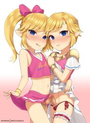 2boys androgynous ball_bra blonde_hair blue_eyes blush bracer censored cheerleader circlet clothes_lift cosplay costume_switch crossdressing dress dress_lift dual_persona erection licking_lips link male_focus meimone mosaic_censoring multiple_boys navel nintendo panties penis penises_touching pointy_ears ponytail princess_zelda princess_zelda_(cosplay) short_hair shota simple_background skirt skirt_lift smile stomach the_legend_of_zelda the_legend_of_zelda:_tri_force_heroes thigh_strap tongue tongue_out toon_link trap trap_on_trap underwear wristband yaoi rating:Explicit score:205 user:danbooru